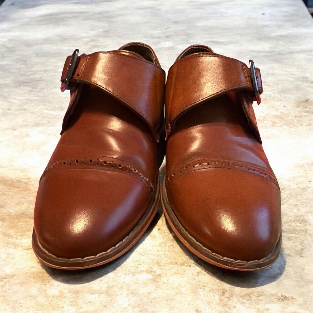 Stacy Adams Brown Leather Monk Strap Buckle Cap Toe Round Dress Shoes Size 7 - Picture 4 of 5